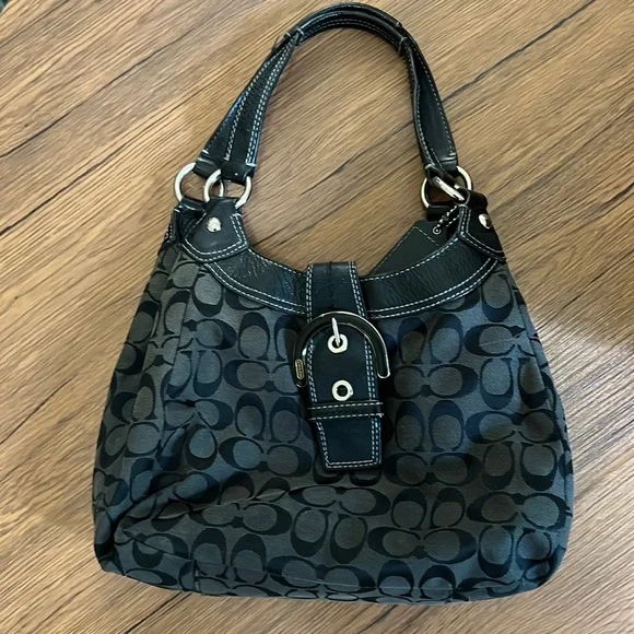 Coach Black Canvas Shoulder Bag with Buckle and 3 compartments